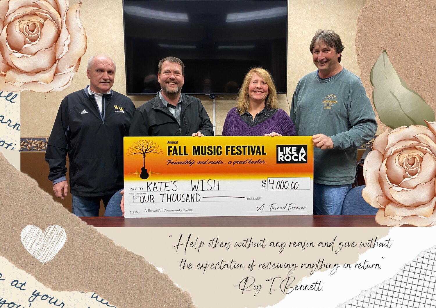 The Frisch/Carmody family and friends let love for their beloved Kate guide them to continue her legacy through the Kate Frisch Carmody Memorial Fund. The Fall Music Festival donated $4,000 to Kate's Wish.